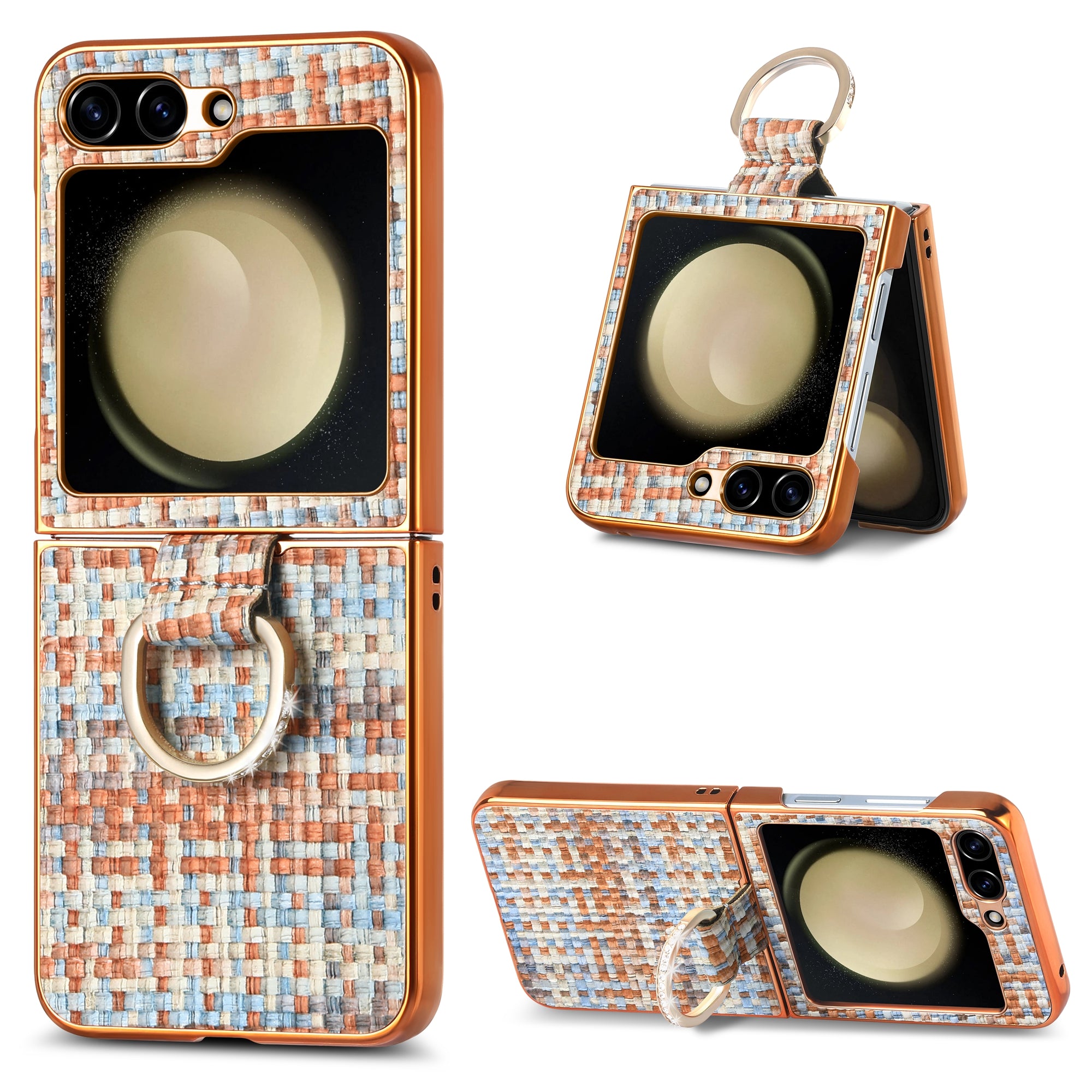 For Samsung Galaxy Z Flip5 5G Electroplating Woven Pattern PU PC Phone Case Rhinestone Decoration Kickstand Cover For Samsung Galaxy Z Flip5 5G Electroplating Woven Pattern PU PC Phone Case Rhinestone Decoration Kickstand Cover
